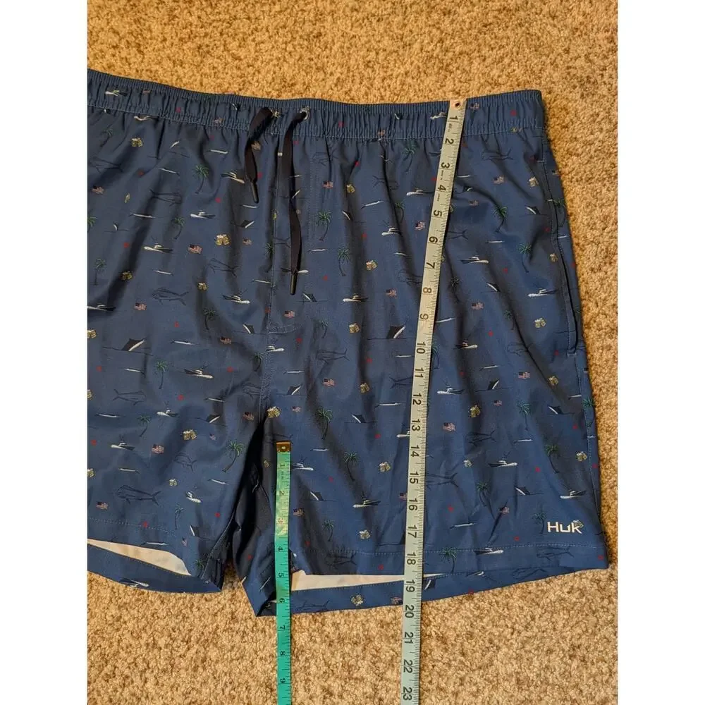 HUK Mens Charter Volley swim trunks/shorts, XXL; boat; Palm tree & Fish Pattern